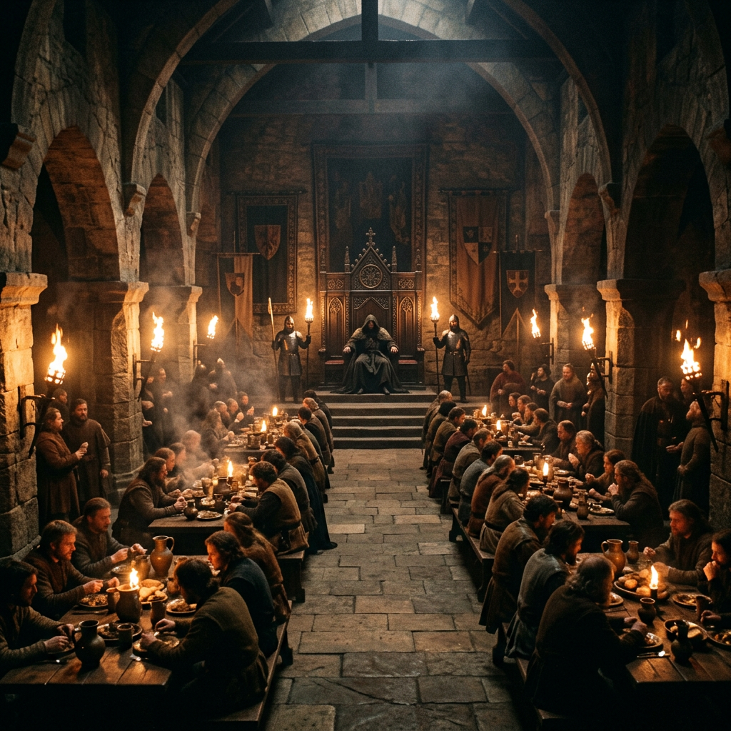 Long banquet tables with people eating by torchlight, a figure seated on a throne at the hall's end
