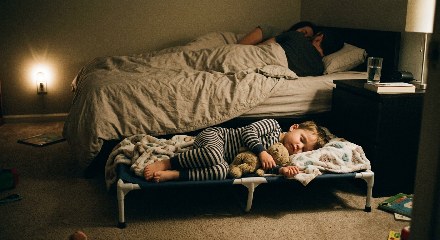 Young child in striped pajamas sleeping on a cot with teddy bear near parents asleep in bed