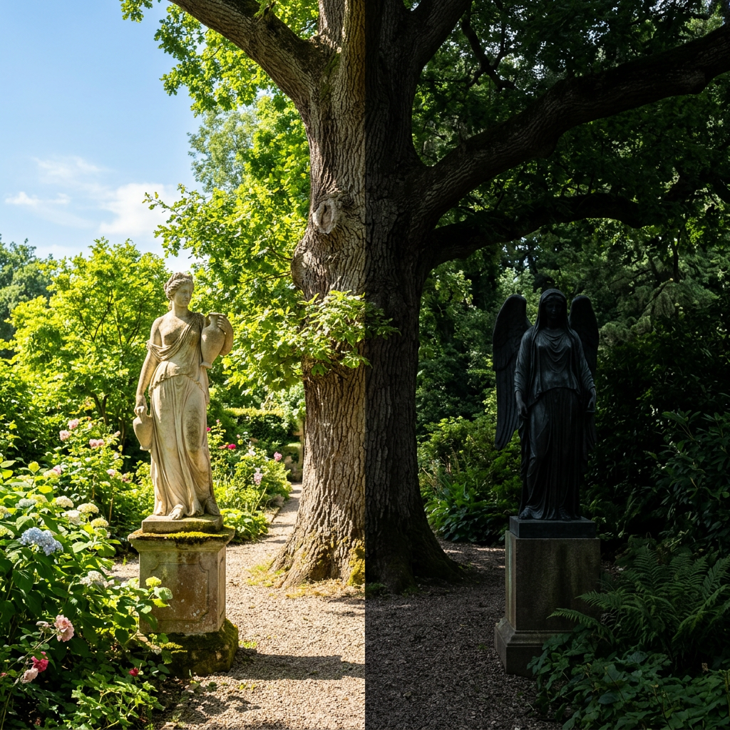 White statue of a woman holding jugs on left side in sunlight and dark angel statue under shadows on right side with large tree in between