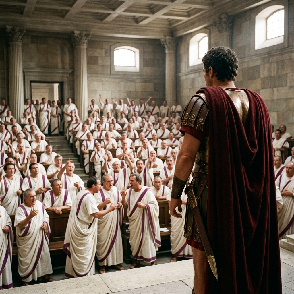 Roman soldier in armor and red cloak addressing a large group of toga-clad senators in a stone chamber