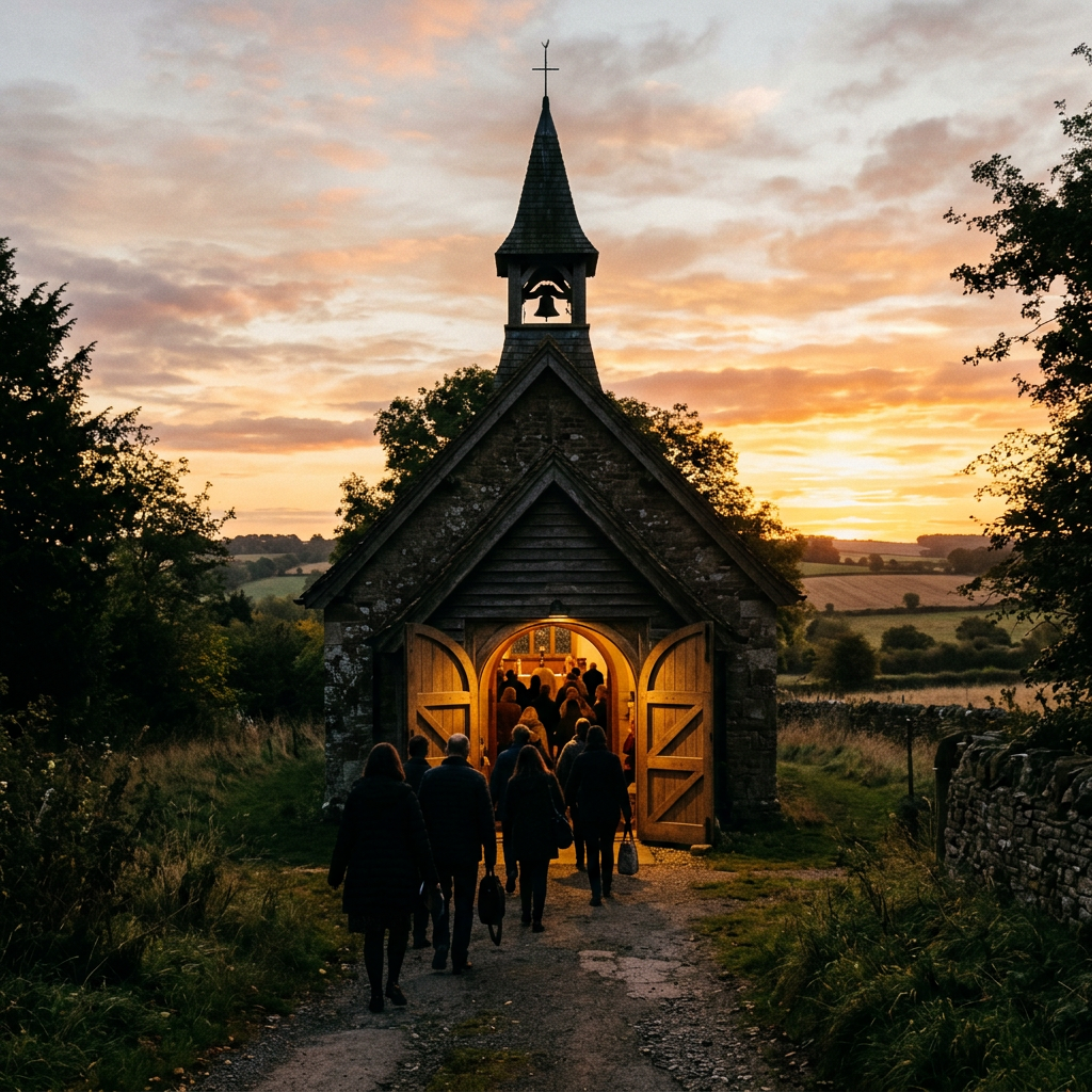 Group of people walking into a small chapel illuminated from inside during sunset