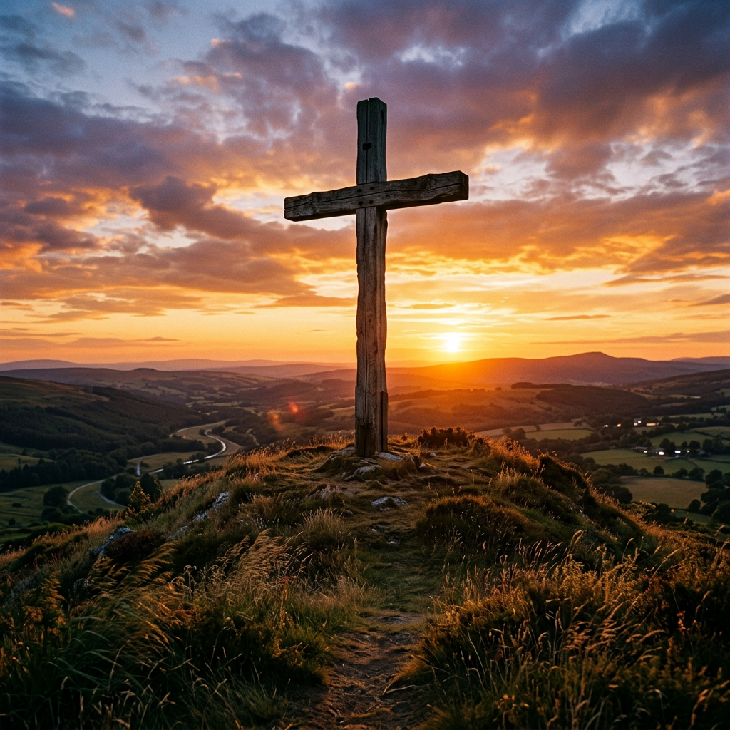 Wooden cross on hilltop at sunset with cloudy sky and valley landscape