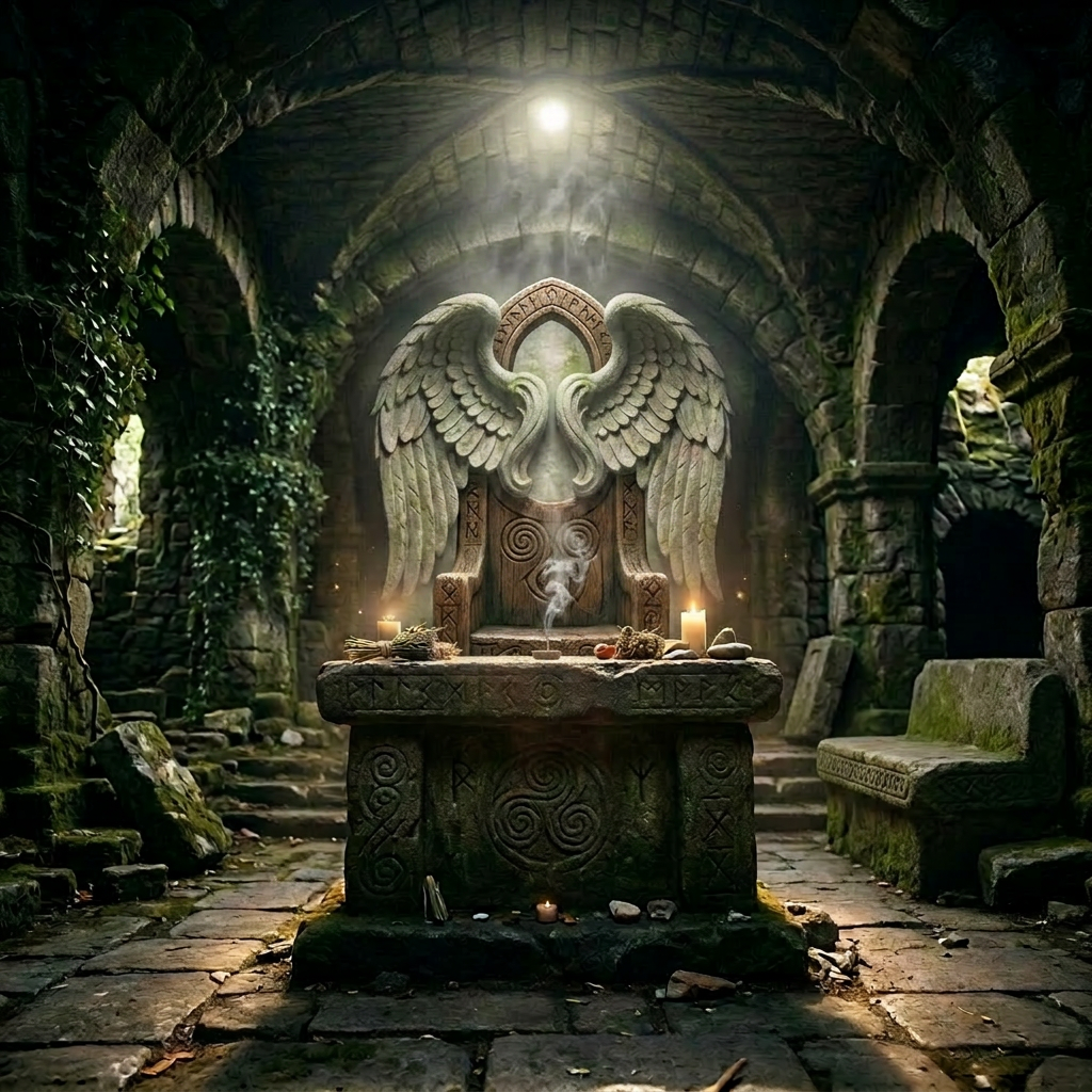 Stone altar with runes and ritual objects illuminated by sunlight beams inside ancient stone ruins