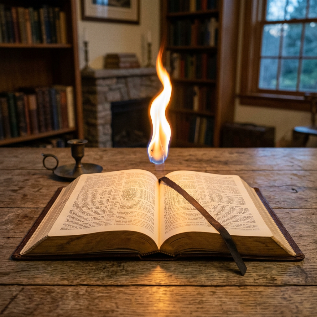 An open book with a flame rising from its center on a rustic wooden table