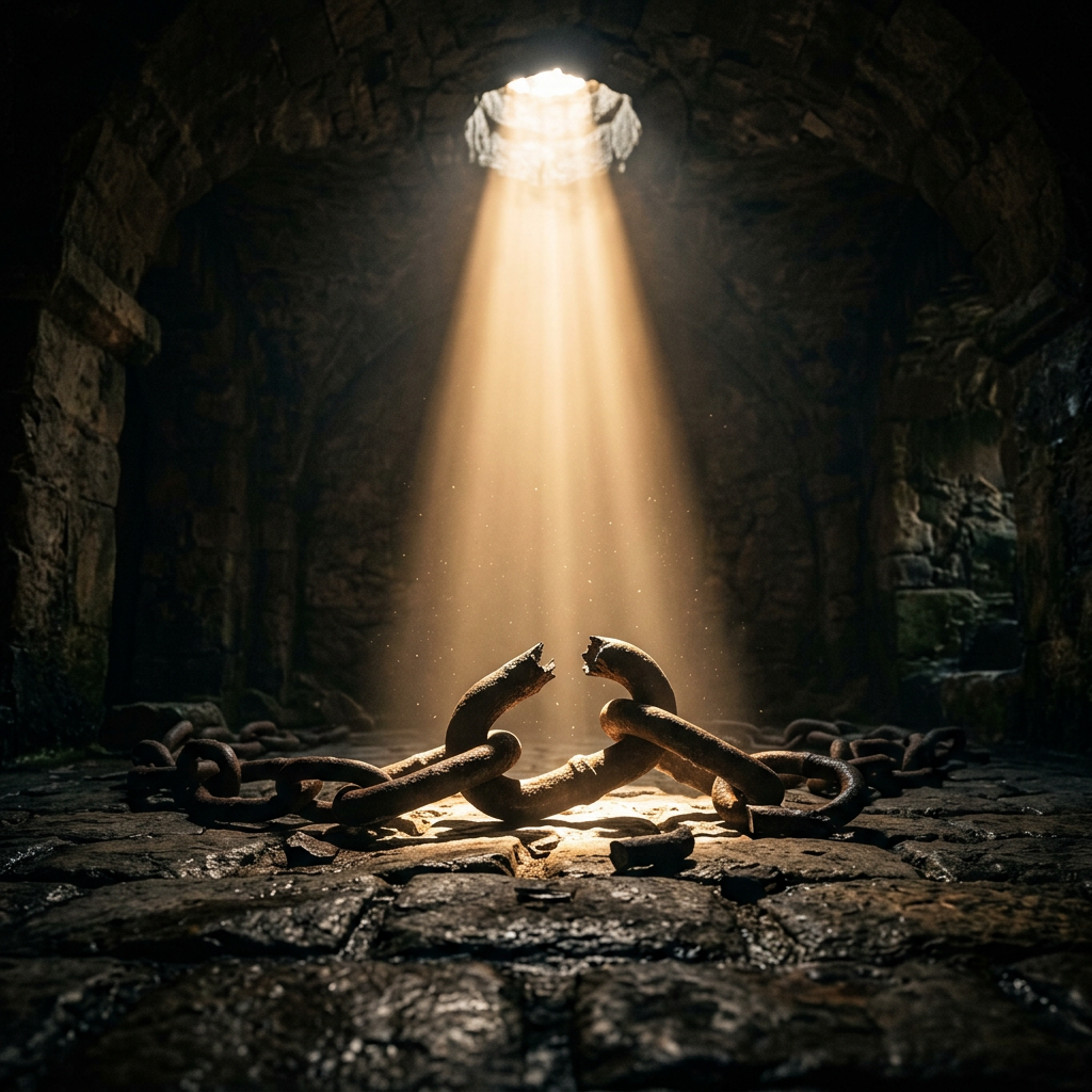Broken rusty chain links on stone floor under a shaft of light in a dark dungeon