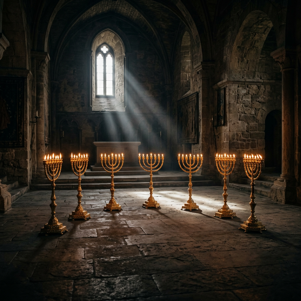 Seven golden menorahs with burning candles inside a stone church with arched windows