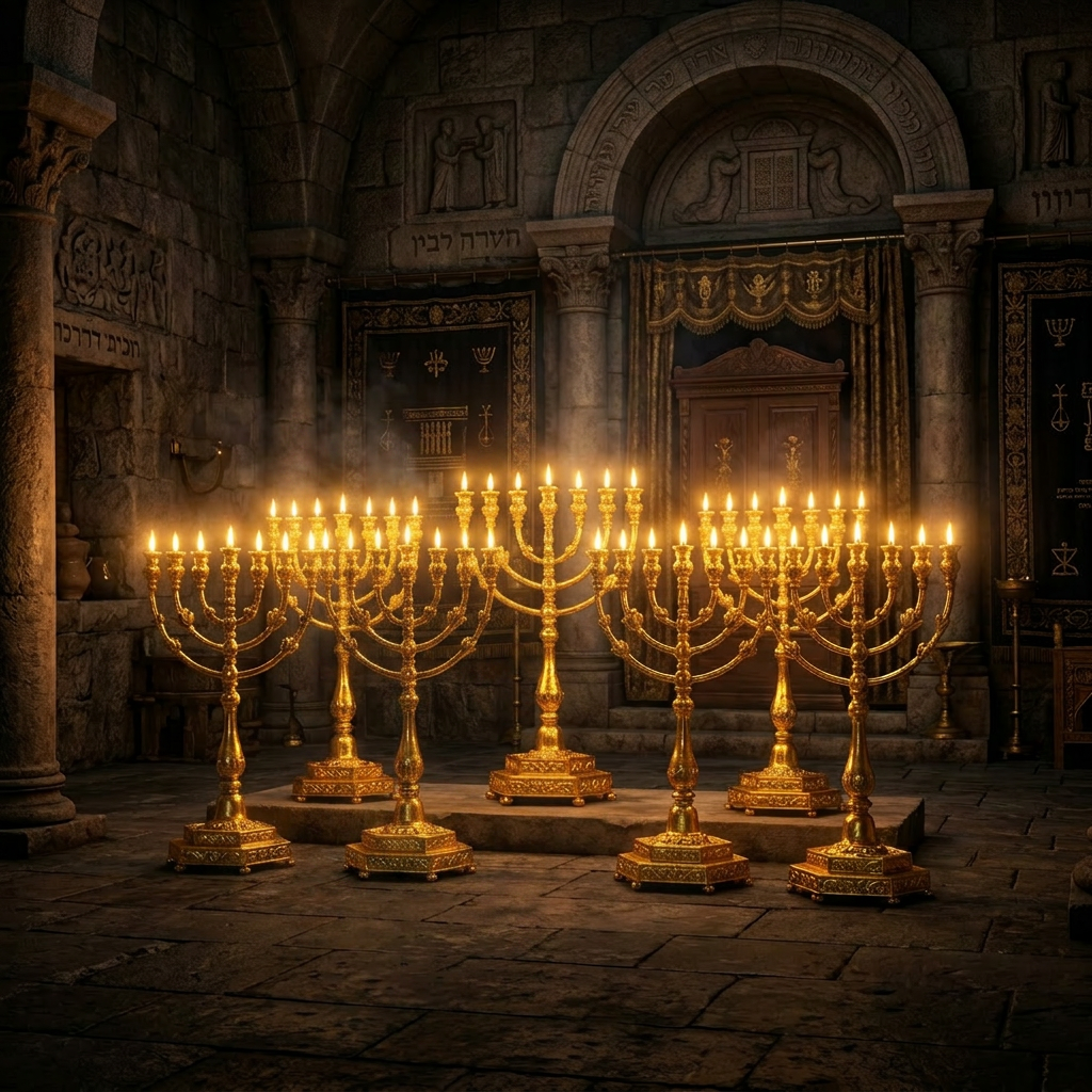 Five large golden menorahs with lit candles standing on a stone floor inside an ancient temple