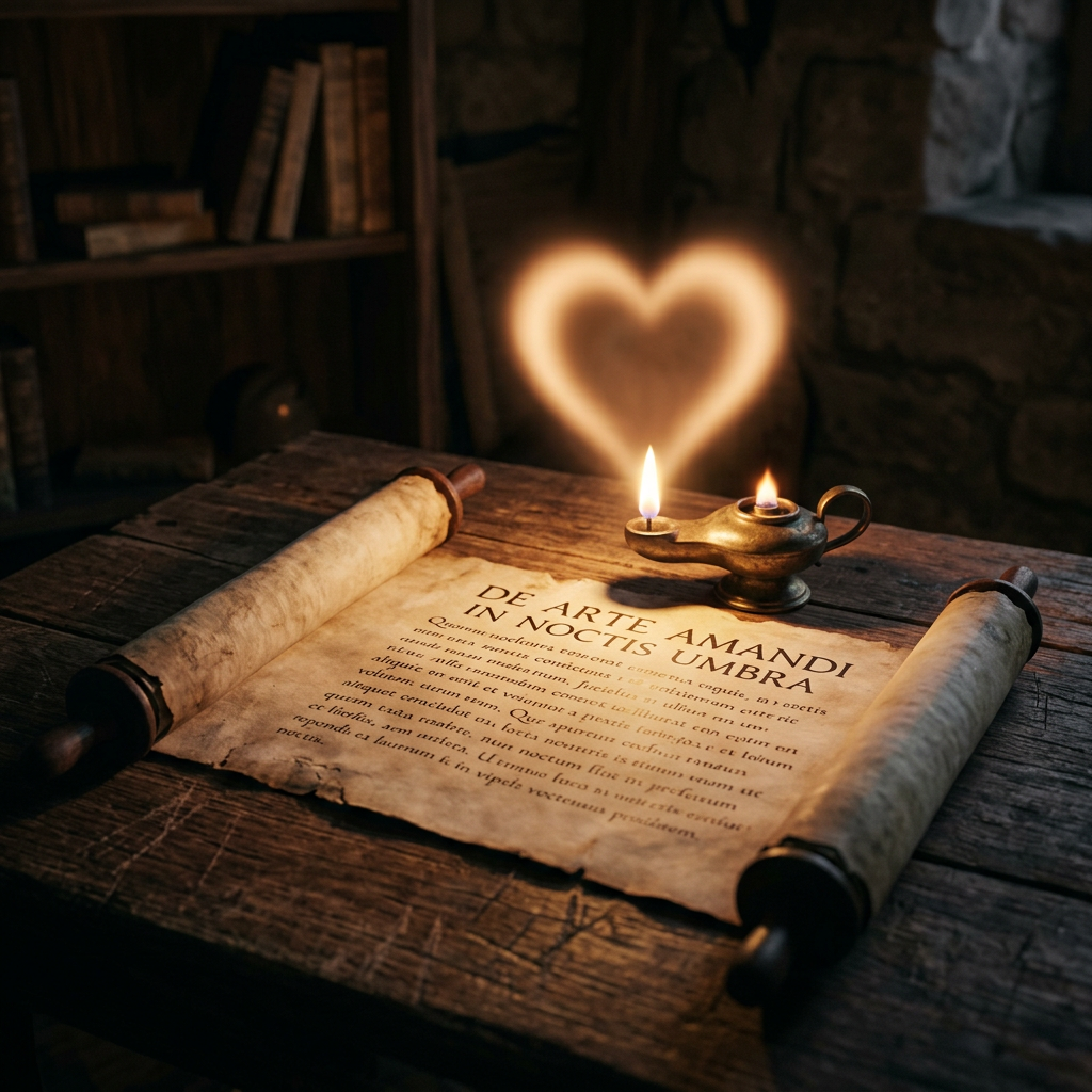 Ancient scroll on wooden table with glowing heart shape from antique oil lamp flame