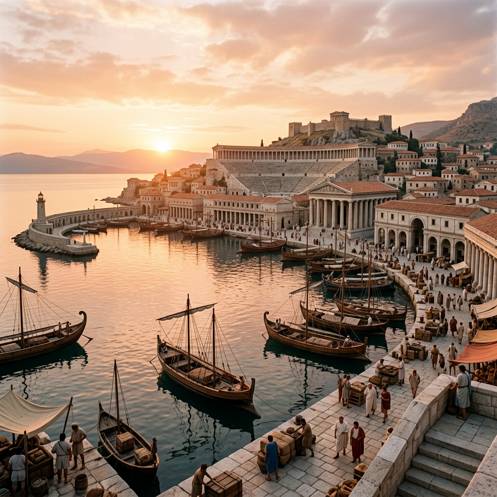 Ancient Roman harbor with docked ships, people, and classical buildings at sunset