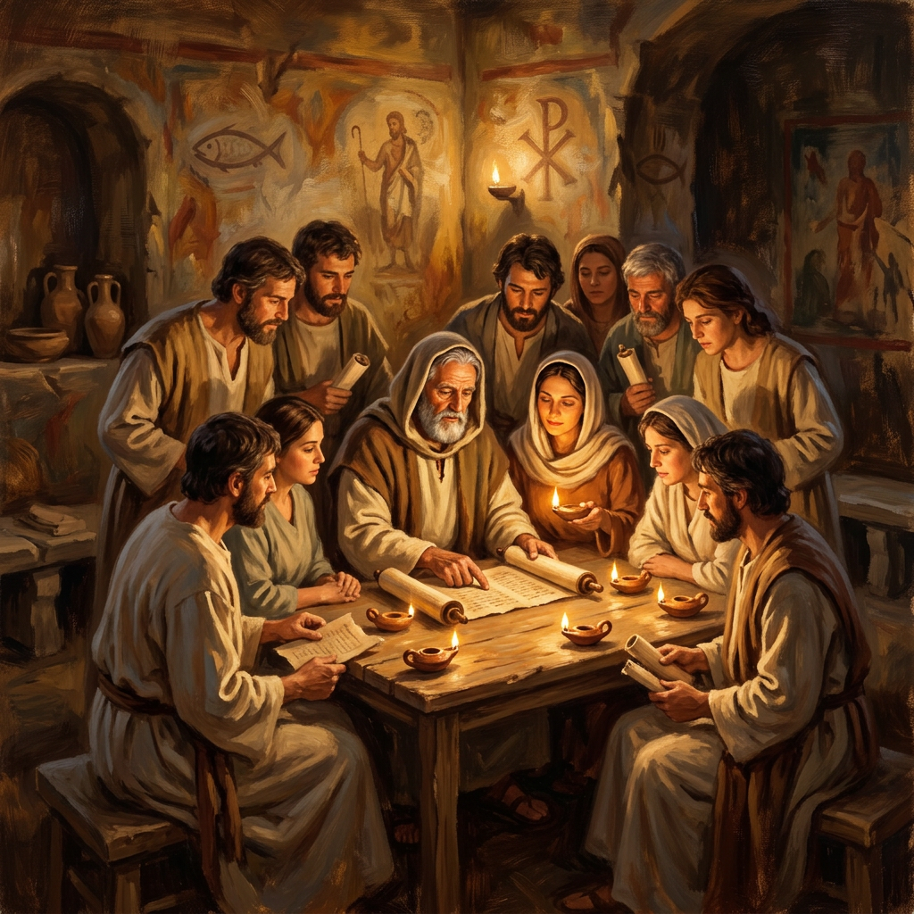 Early Christians gathered around a wooden table reading scrolls and manuscripts by candlelight