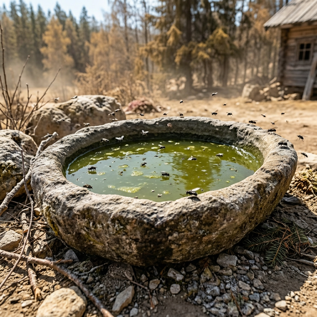 Stone basin with steaming water and melting ice cubes outdoors in snow