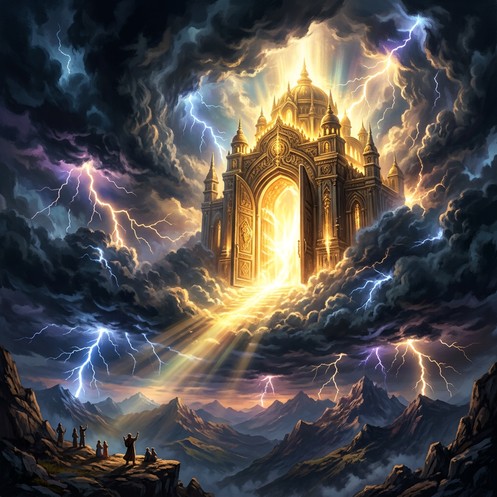 A glowing golden gate in stormy clouds with lightning illuminating mountains and people below