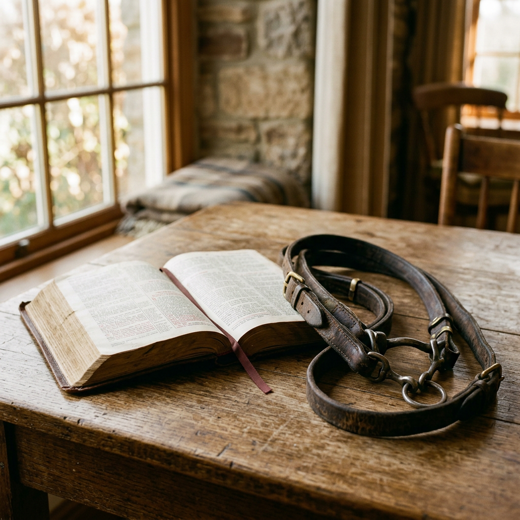 Open Bible and leather bridle on a rustic wooden table