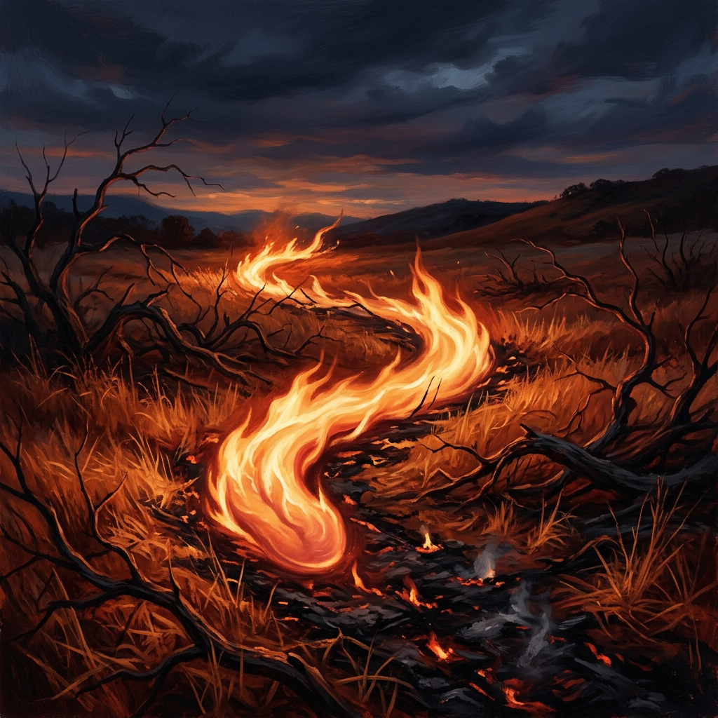 Tongue-shaped flame spreading through dry grass